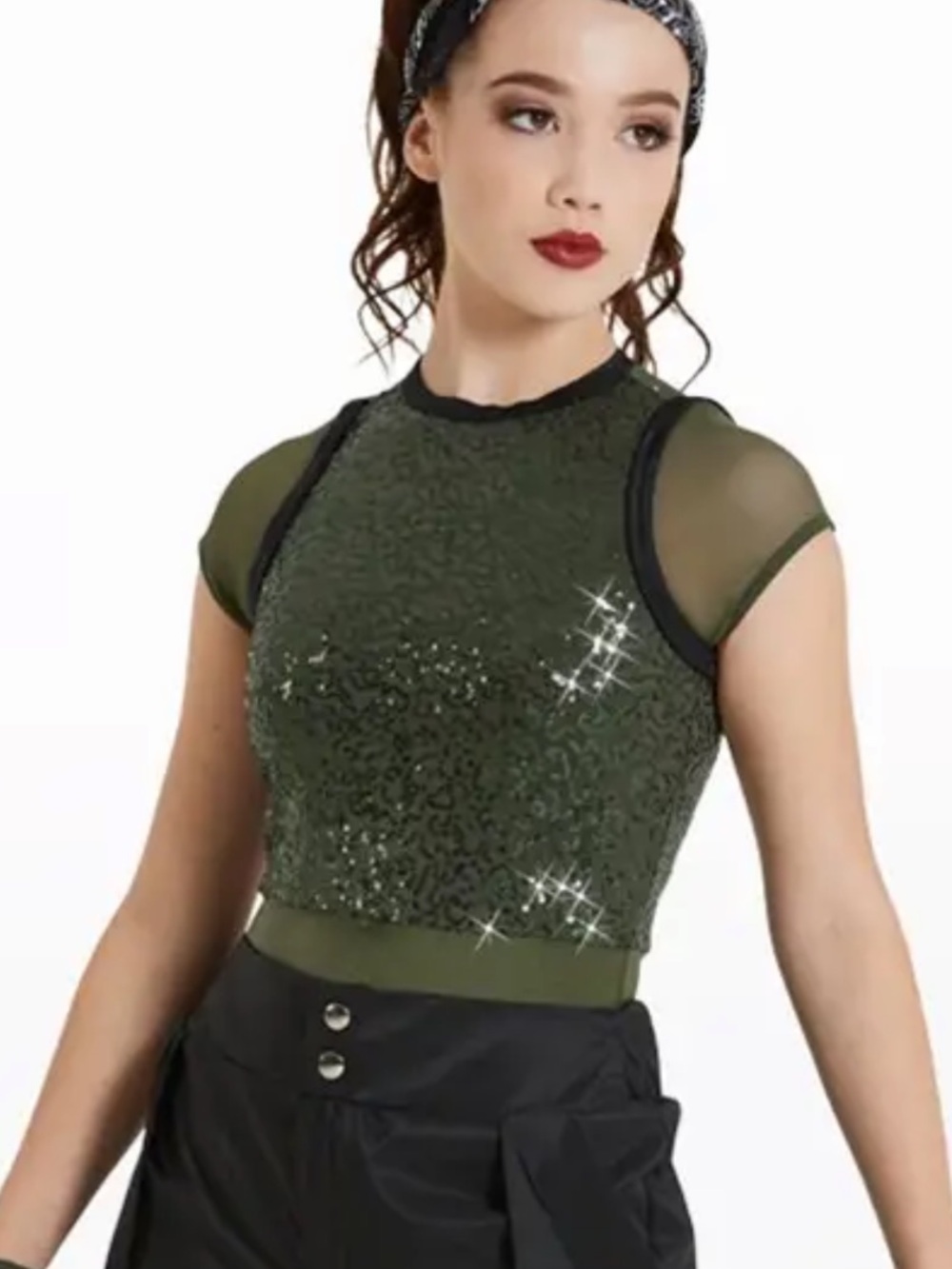 Weissman Olive Green Sequin Leotard Mesh Crop Top Spandex Bodysuit Cap Sleeve